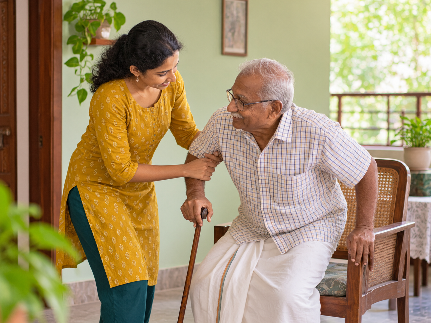 A home helper supporting an older man as he sits down