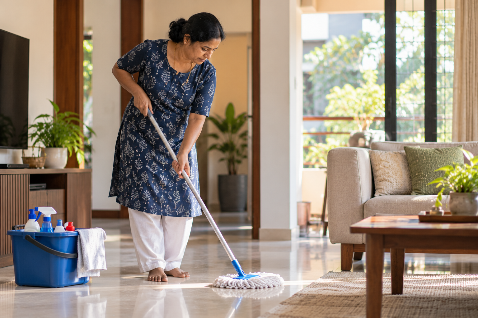A home helper mopping a living room floor