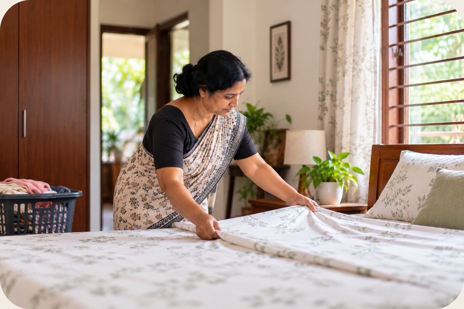 A home helper making a bed as part of household support