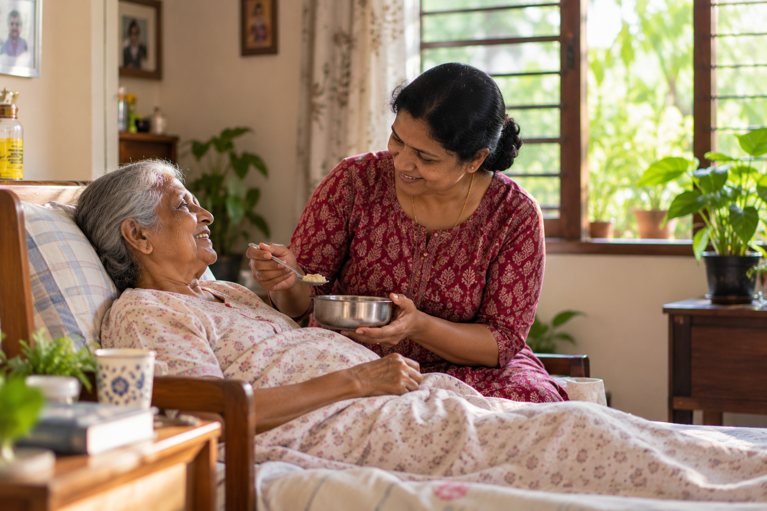 A home helper offering bedside support to an older woman